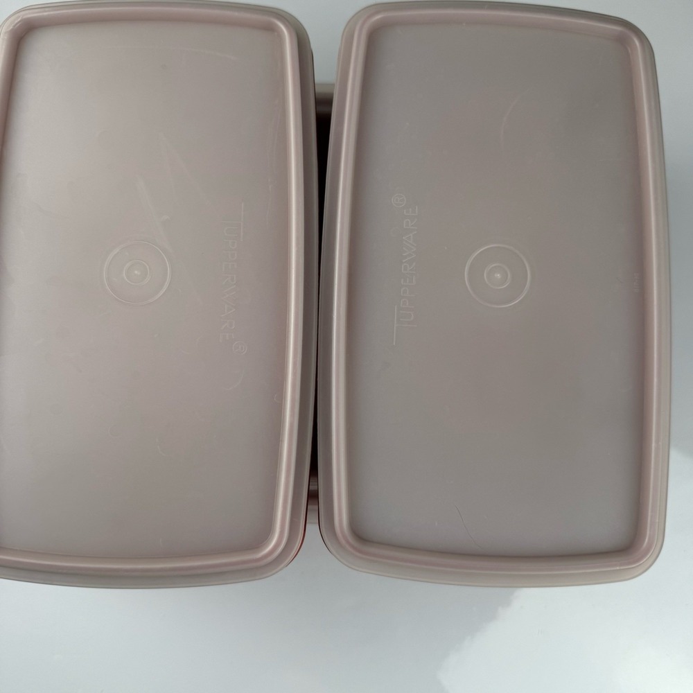 VTG TUPPERWARE Set Of 4 Rectangular Containers W/ Lids Sheer/Paprika - Picture 2 of 16